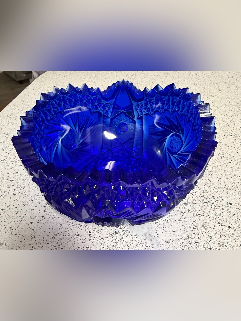 LE Smith Glass Comet in the Stars Cobat Blue Carnival Glass 7.5”Round Fruit Bowl
